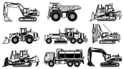 Obraz premium , including hydraulic excavator, haul truck, bulldozer, wheel loader, motor grader, rotary drill rig, crawler dozer, water tanker truck, and tracked excavator. 