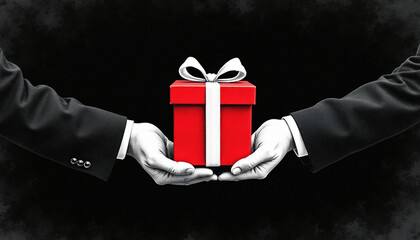 Fototapeta premium Two hands in suits exchange red gift box with white ribbon on black textured background. Illustration shows giving, receiving, or sharing present. Concepts include surprise, generosity, and holiday.
