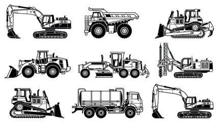 Obraz premium , including hydraulic excavator, haul truck, bulldozer, wheel loader, motor grader, rotary drill rig, crawler dozer, water tanker truck, and tracked excavator. 