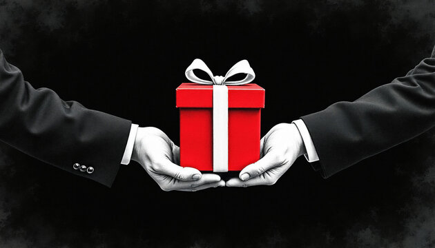 Two hands in suits exchange red gift box with white ribbon on black textured background. Illustration shows giving, receiving, or sharing present. Concepts include surprise, generosity, and holiday.