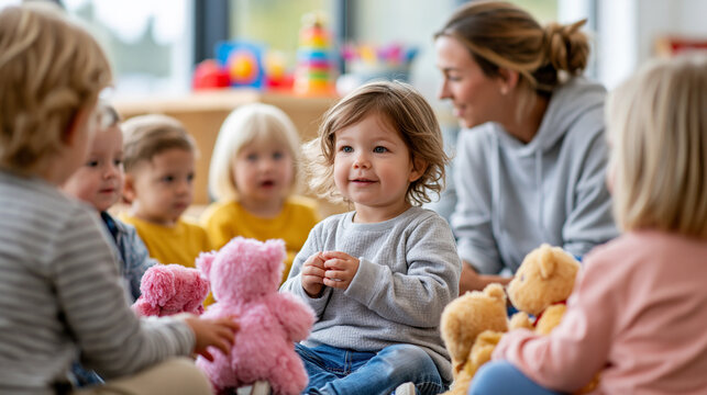 Children's Playtime: A group of young children are engaged in a lively playtime session with their teacher, surrounded by colorful toys and teddy bears.