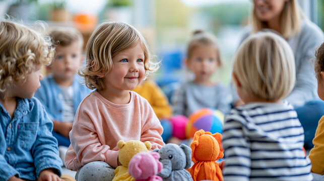 Toddlers in Playgroup: A group of happy toddlers engages in a playful learning activity, surrounded by stuffed animals and learning toys. A cheerful teacher oversees the group.