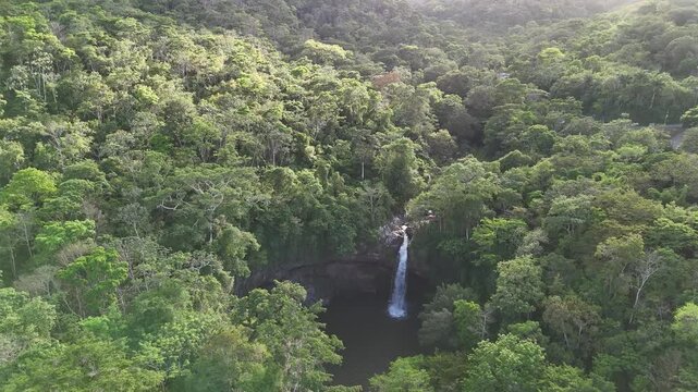 Green tropical jungle landscape with waterfall and pond aerial drone view in sunset light