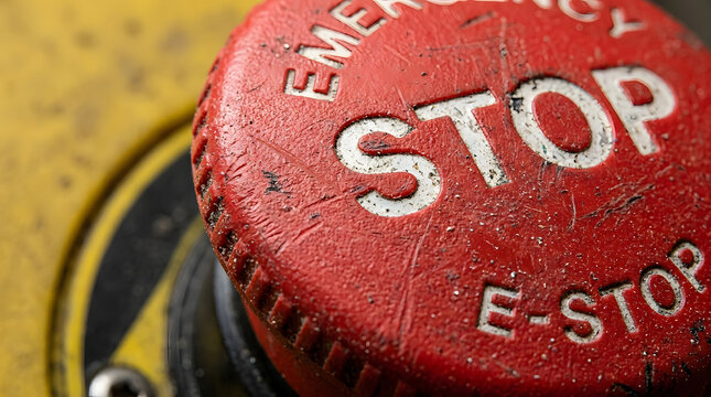 Red emergency stop button with white lettering detailed industrial closeup machine