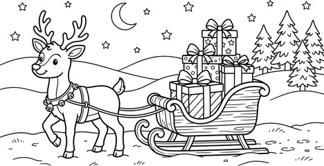 Cute Christmas reindeer pulling sleigh with gift boxes therapeutic coloring page © Peru