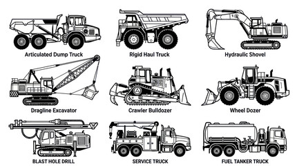 Obraz premium including articulated dump truck rigid haul truck hydraulic shovel dragline excavator crawler bulldozer wheel dozer blast hole drill service truck and fuel truck