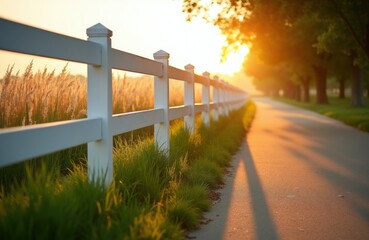 Naklejka premium White fence stands along paved path in park during golden hour. Sunset light shines over tall green grass field with soft bokeh trees background. Rural landscape trail provides peaceful scenery for
