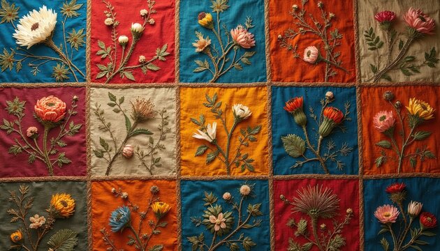 Decorative indian quilt panels display diverse floral embroidery patterns on colorful fabric patches. Authentic textile craft features intricate stitching detail, traditional botanical motifs.