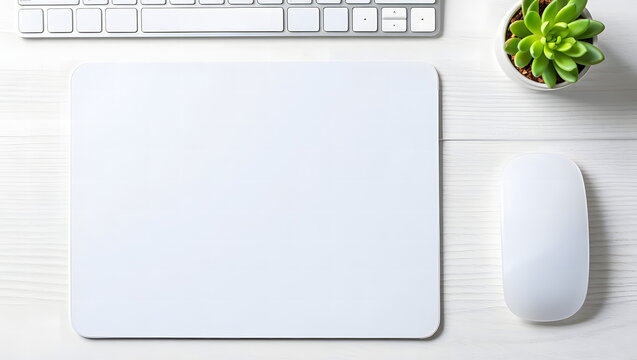White mouse pad and computer mouse on a light wood surface office setup