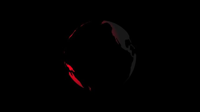 Abstract animation of earth globe rotating on a black background. 360 degree spinning globe sphere animation