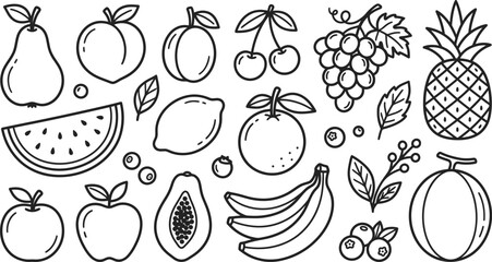 Cute fruits doodle set coloring page vector with line art elements © Peru