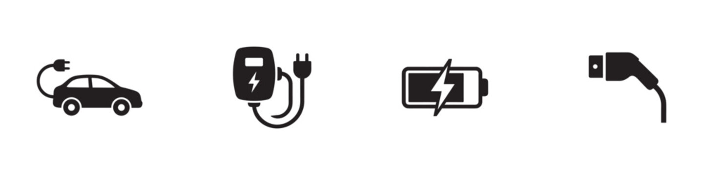 Electric charging icon set. EV car, portable wall charger with plug, battery with lightning bolt, and connector handle. Alternative energy and transport icons. Vector illustration.