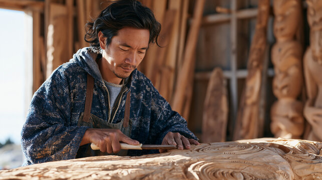 Maori carver in a wooden workshop shaping an intricate ancestral figure from a large block of timber using a bone-handled chisel, cultural artistry, indigenous woodworking