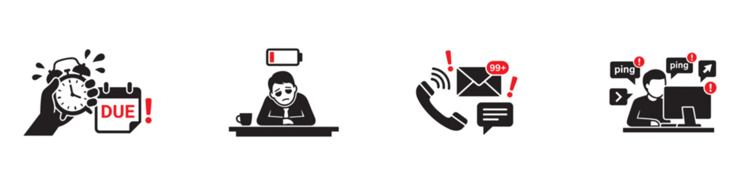 Work stress icon set. Hand with alarm clock and deadline calendar, tired man with empty battery, endless phone calls, emails and chat messages, man with computer and notifications. Vector illustration