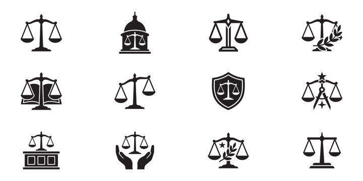 Scales of justice icon set. Balance, courthouse dome, law book, laurel branch, shield, tools, judgment, hands, authority, fair play. Vector illustration.