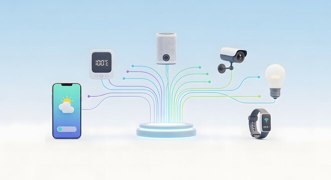 Smart home devices connected by colorful cables in a 3d rendering scene