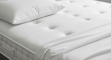 Fototapeta premium White mattress and pillow with button tufting close up studio photography bedding