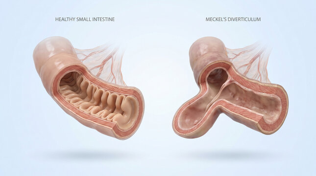 3D Medical Illustration of Healthy Small Intestine vs Meckel's Diverticulum
