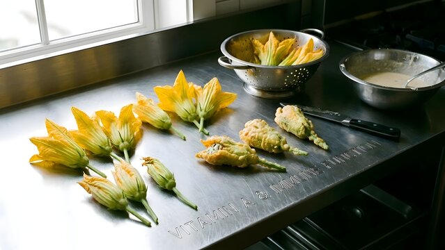 Fresh and battered squash blossoms on a professional stainless steel kitchen counter with a colander and batter bowl, featuring text about vitamin A and immune function support