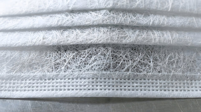 Stacked white face masks with visible fibrous layers close up photography covering