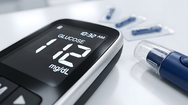 Glucose meter displaying a reading of 112 mg dl close up photo with medical supplies
