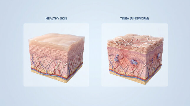 3D Medical Illustration of Healthy Skin Versus Tinea Ringworm Fungal Infection
