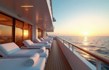 Obraz premium Luxury cruise ship deck features comfortable sun loungers with white towels overlooking calm ocean water during sunset. Modern terrace provides exclusive relaxation area for guests on premium holiday