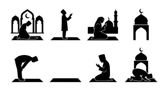 Islamic Prayer Icons, Muslim Worship Silhouettes, Mosque Architecture, Ramadan Devotion Vector Set