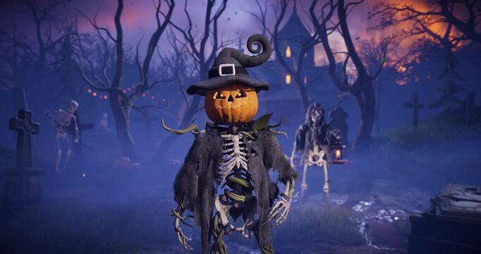 Funny 3D animation of Halloween pumpkin head skeleton talking, scaring and laughing in spooky night cemetery. Humorous talking jack o lantern character gesturing in scary foggy graveyard.