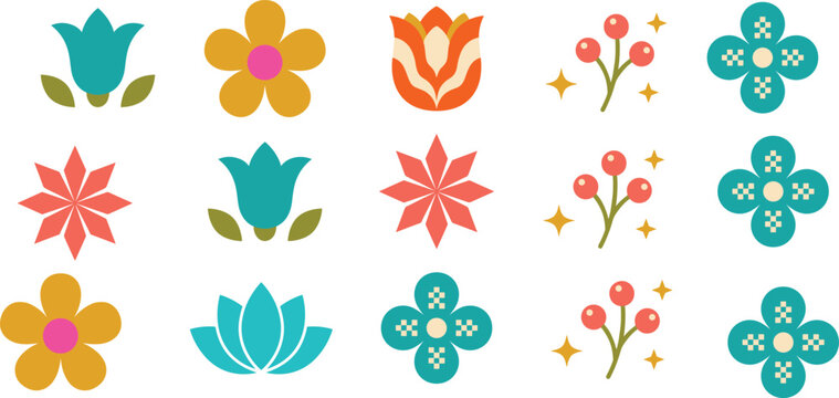 Colorful floral icon collection featuring tulips, lotus flowers, blossoms, botanical blooms, berries, and decorative spring garden elements in modern flat vector style