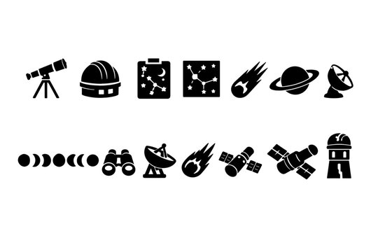 Collection of black icons representing space exploration and astronomy concepts