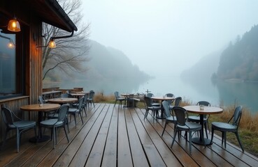 Obraz premium Rustic wooden terrace cafe exterior with empty tables, chairs near calm lake shore. Cold foggy autumn morning atmosphere in mountains landscape. Nobody at mountain restaurant deck overlooking water