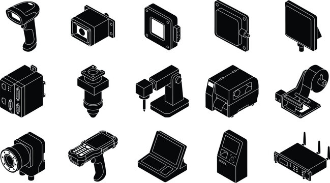 Industrial Identification and Traceability Device Silhouette Bundle for Factory Automation Vector Set