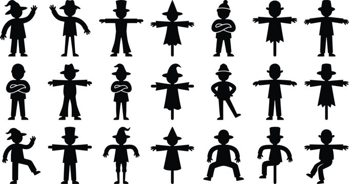 Black silhouettes of scarecrows in various poses for Halloween decorations