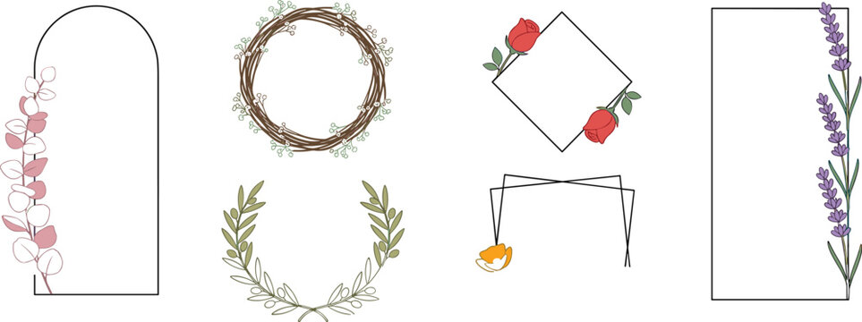 Botanical floral frame and wreath icon collection featuring elegant flower borders, leafy wreaths, lavender accents, and minimalist decorative design elements