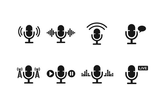 Collection of microphone icons representing various audio and broadcasting functions