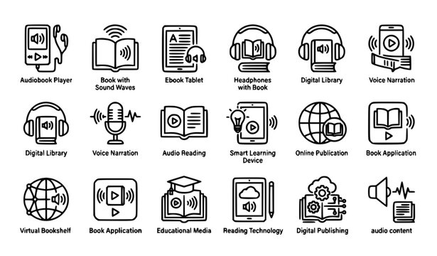 Audiobook vector icon set featuring ebook digital library audio reading and editable stroke symbols on white background
