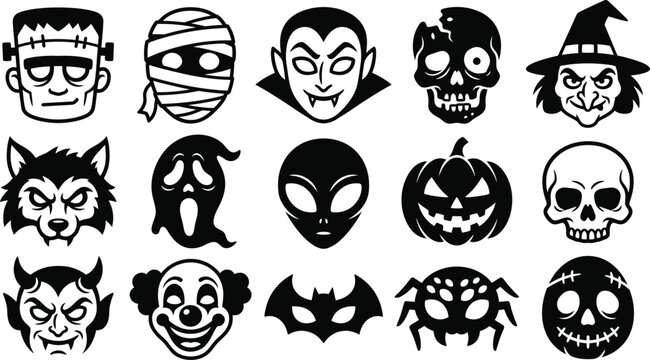 Black and white Halloween icons set including Frankenstein monster, mummy, vampire, ghost, alien, skull, spider