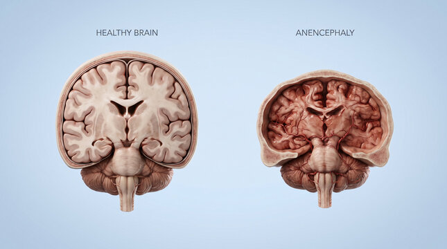 Anencephaly Congenital Defect and Healthy Brain Anatomy Comparison
