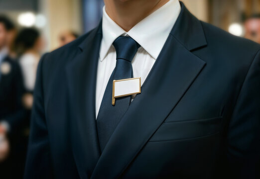 Flag shaped enamel pin attached on blue necktie, ai generated. Blank close-up of customizable metal badge for corporate branding, promotional products, logo mockups, business identity.