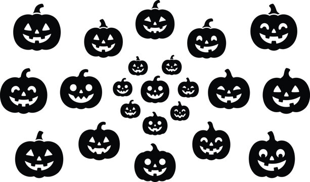 Black silhouettes of jack-o-lanterns on white background for Halloween decoration