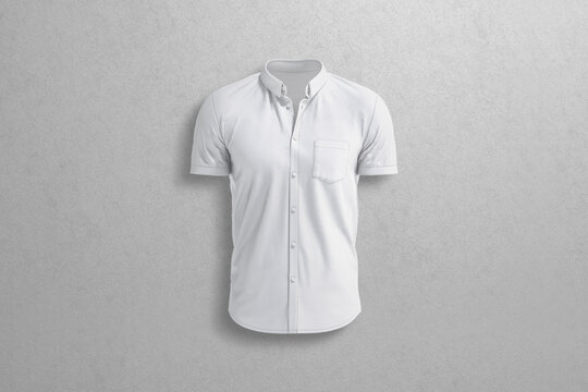 Blank white men short sleeve shirt mockup, grey textured background, 3d rendering. Empty casual fabric polo-shirt mock up, front view. Clear dress code or uniform male clothing template.