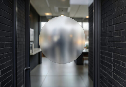 Blank round frosted window sticker mockup on entrance door, ai generated. Circle label applied to modern glass door with blurred office interior background. Minimalist adhesive vinyl decal template.