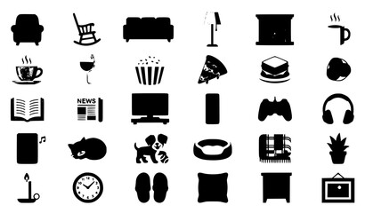 Plakat Cozy home and leisure flat icon set with armchairs pets food drinks entertainment and comfortable living symbols isolated on white background