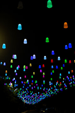 Colorful hanging lights illuminating a street at night in Svetlogorsk
