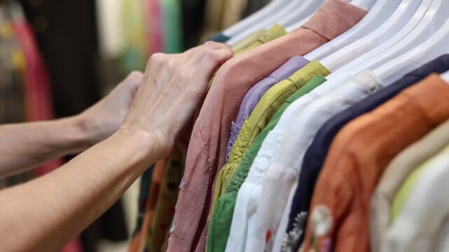 Close up view of woman hand browsing through colorful clothes on hanger rack in fashion store. Female shopper selecting garment in modern boutique. Concept of consumerism, retail and style choice.