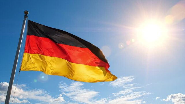 German flag waving in the wind against a bright blue sky with sun flare