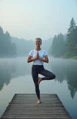 Fototapeta premium Mature woman performs tree yoga pose on wooden pier at foggy lake shore. Fit senior female practices balance, mindfulness exercise in morning nature. Calm lady wears sportswear meditating near forest