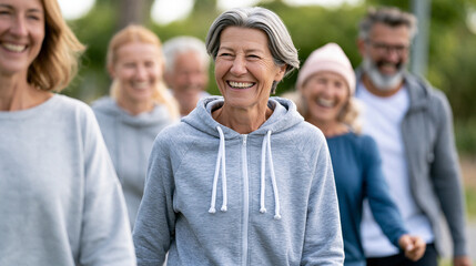 Fototapeta premium Faceless group of people walking for fitness outdoor in mobility training discussion and morning routine with senior community and coach laughing for exercise and cardio workout