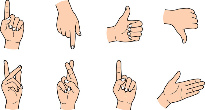 Hand Gesture Illustration Set with Pointing Thumbs Up Down Crossed Fingers and Open Palm
